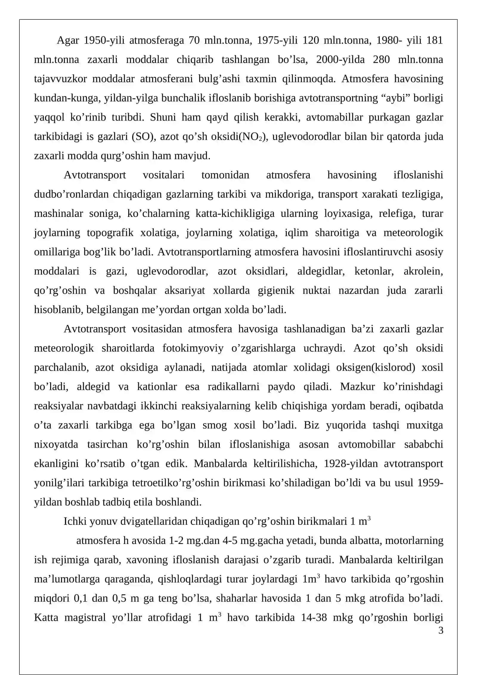 Muhit ifloslanishida transportning o’rni 3