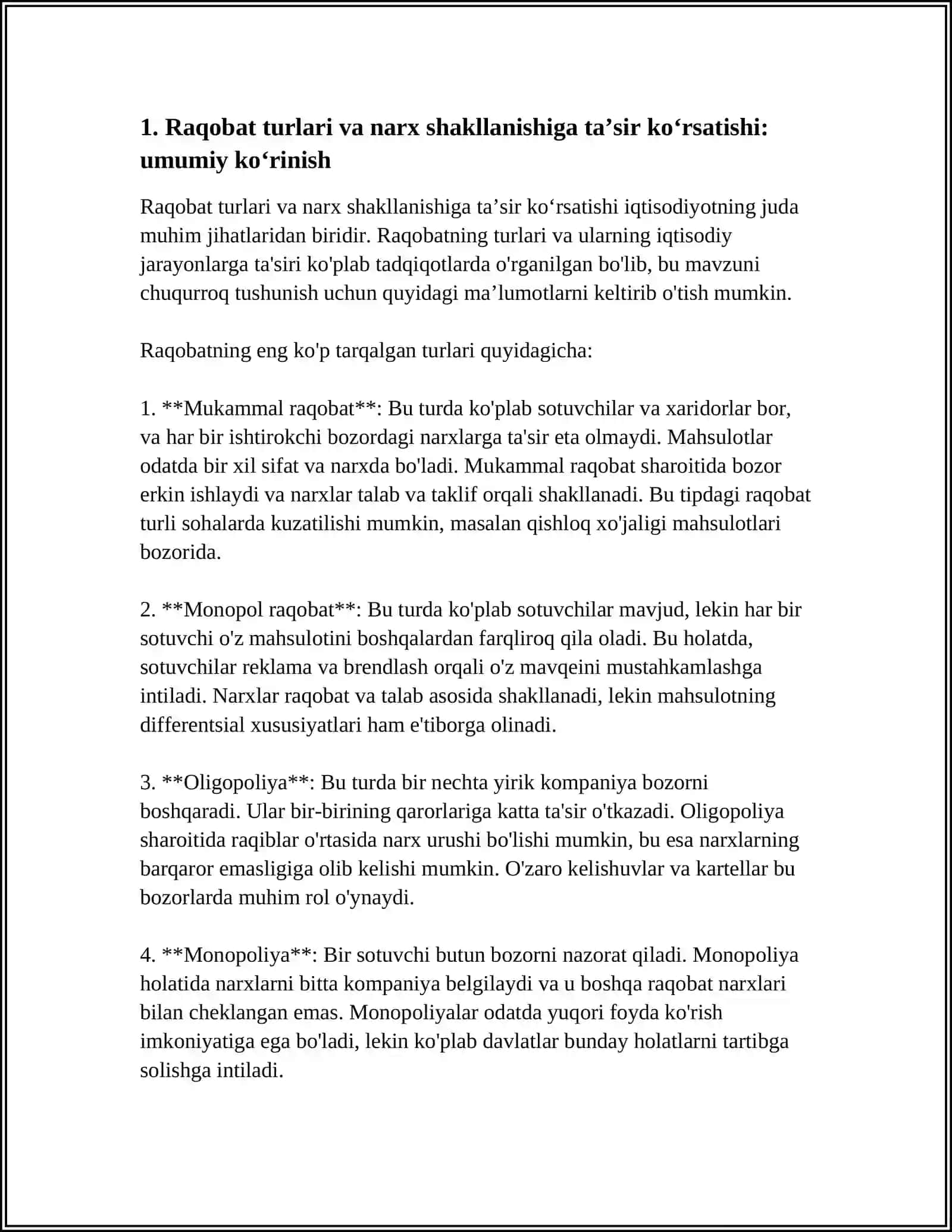 Mukammal raqobat: Raqobatning turlari va narx shakllanishiga taʼsir ko‘rsatishi 3
