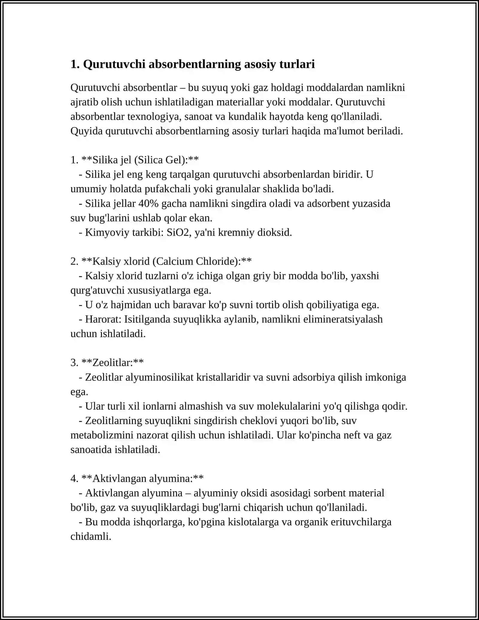 QURUTUVCHI ABSORBENTLARNING TURLARI VA XOSSALARI 3