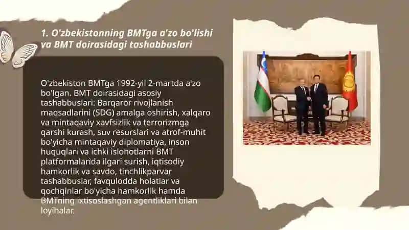 O'zbekiston Respublikasining BMT, MDH, SHHT kabi xalqaro tashkilotlar bilan aloqalari 3