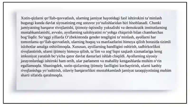 Xotin-qizlarni qo‘llab-quvvatlash, ularning jamiyat hayotidagi faol ishtirokini ta’minlash 3