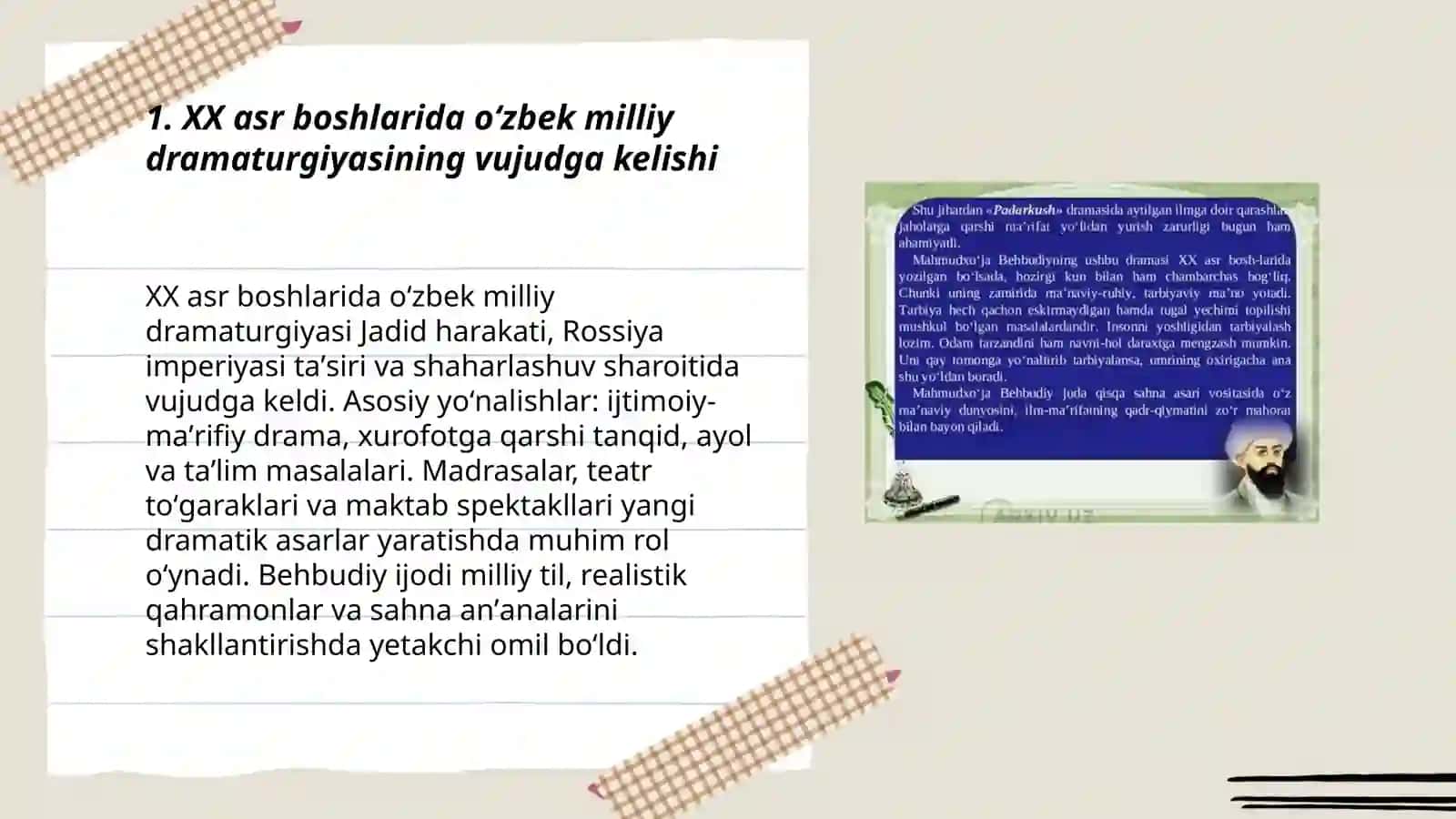XX asr boshlaridagi milliy dramaturgiya. Behbudiy ijodi misolida oʻrganish 3