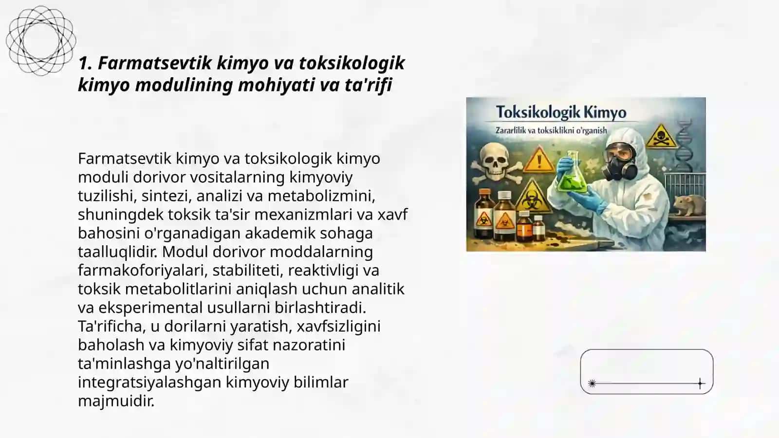 Farmatsevtik kimyo va toksikologik kimyo moduli mohiyati maqsadi va vazifalari 3