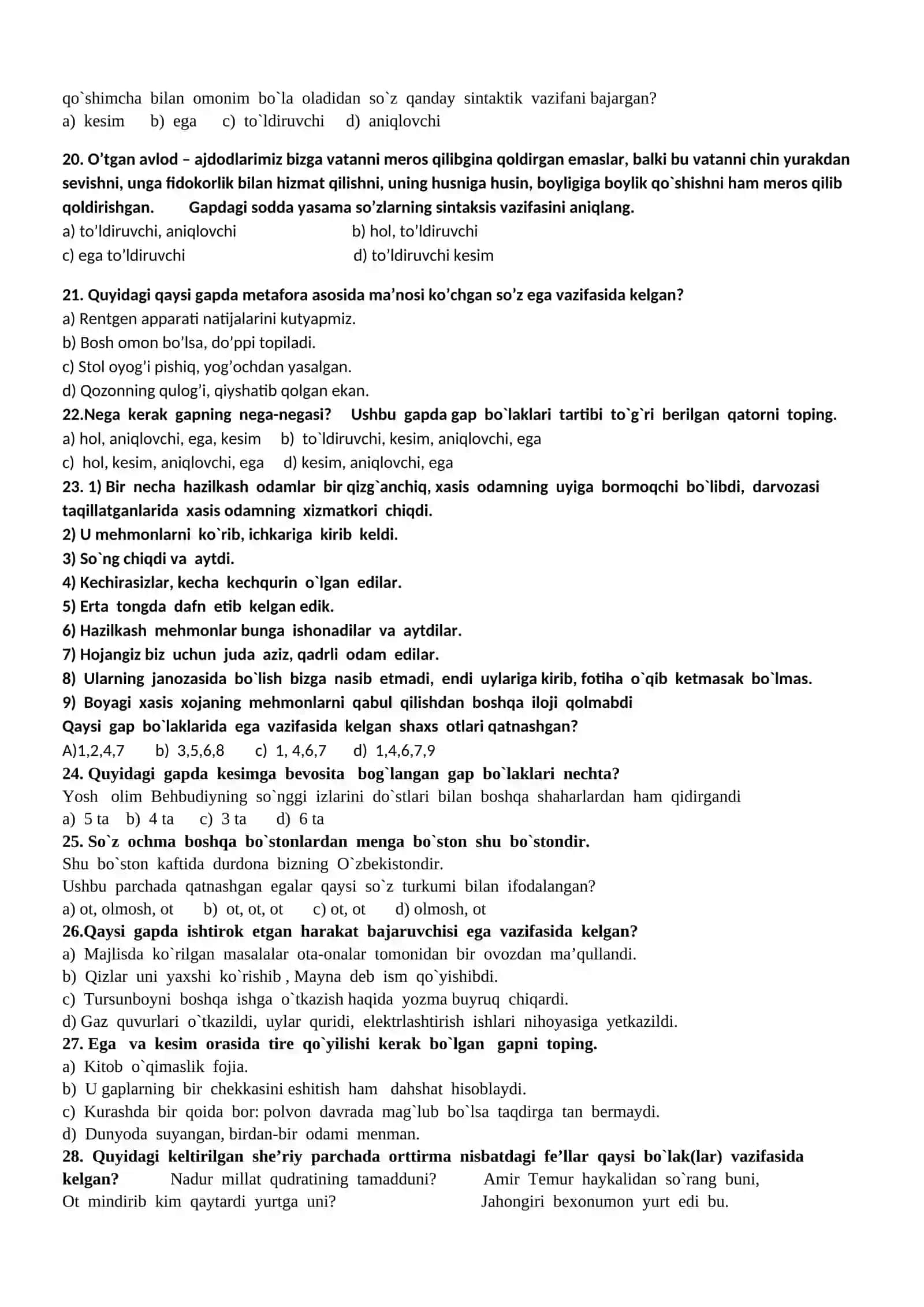 Gap bo`laklari yuzasidan test savollari 3