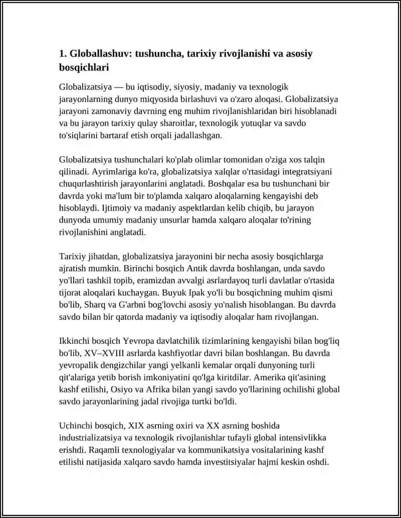 GLOBALLASHUV, GLOBALIZM VA BARQAROR USTIVOR YO'NALISHLARI REFERAT 3