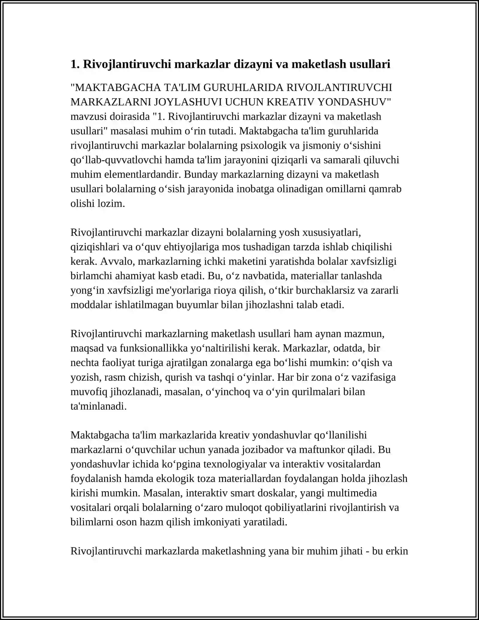MAKTABGACHA TA'LIM GURUHLARIDA RIVOJLANTIRUVCHI MARKAZLARNI JOYLASHUVI UCHUN KREATIV YONDASHUV 3