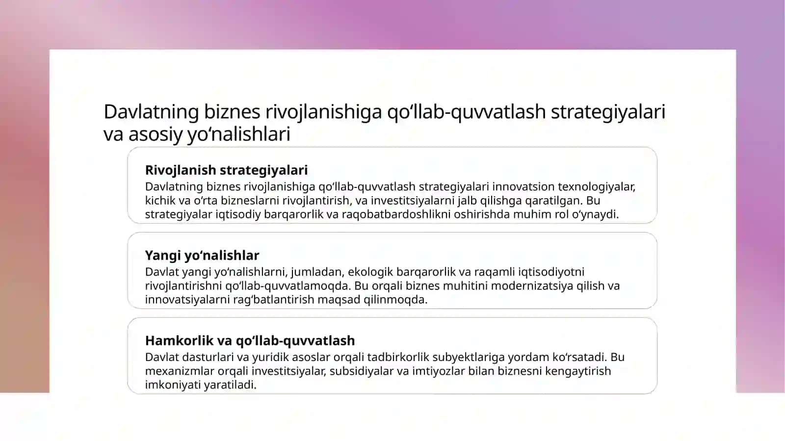 Davlatning biznes rivojlanishiga qo‘llab-quvvatlash mexanizmlari va siyosati 3