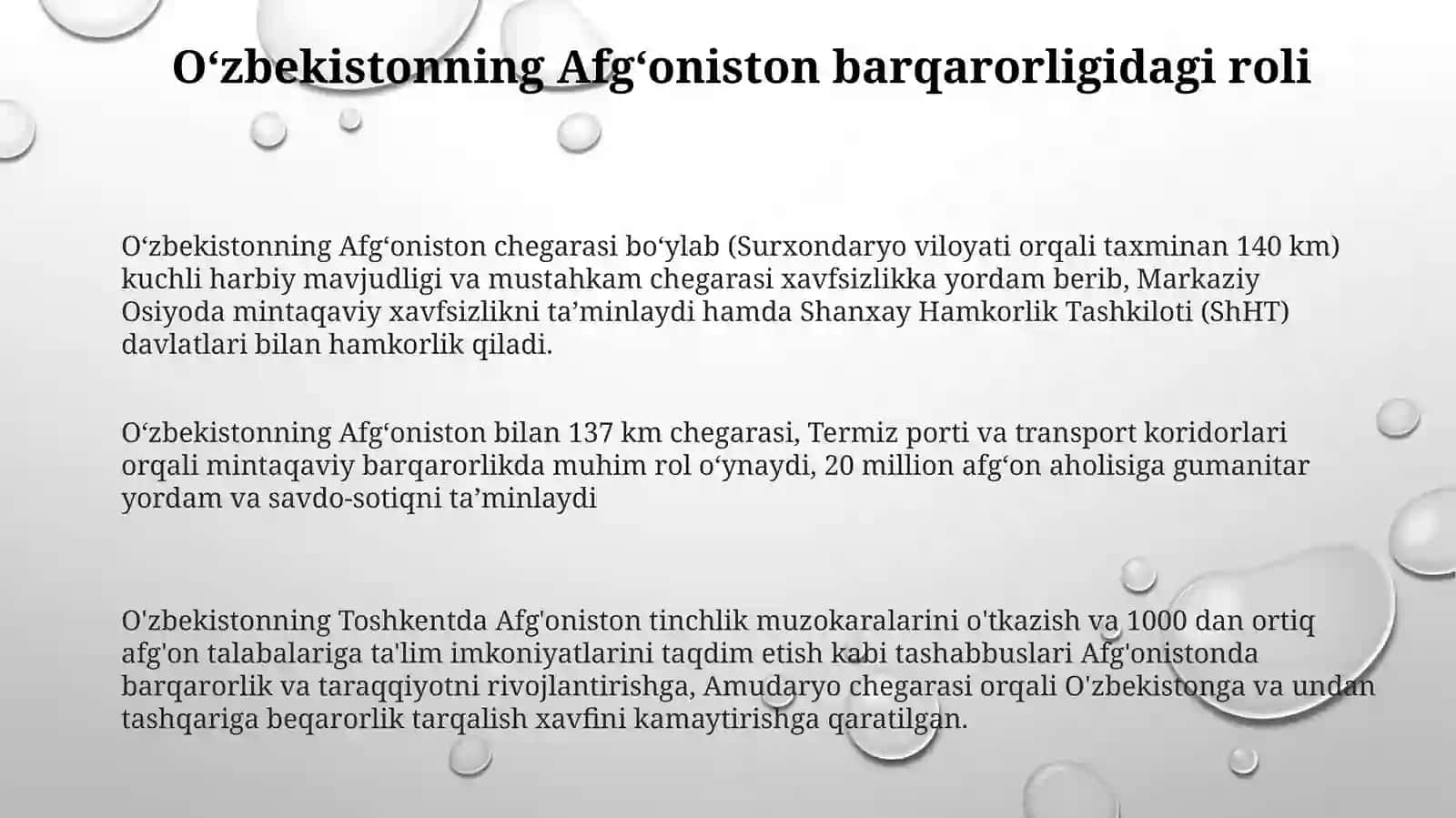 O‘zbekistonning Markaziy Osiyoda tinchlik va barqarorlikni ta’minlashdagi o‘rni 3