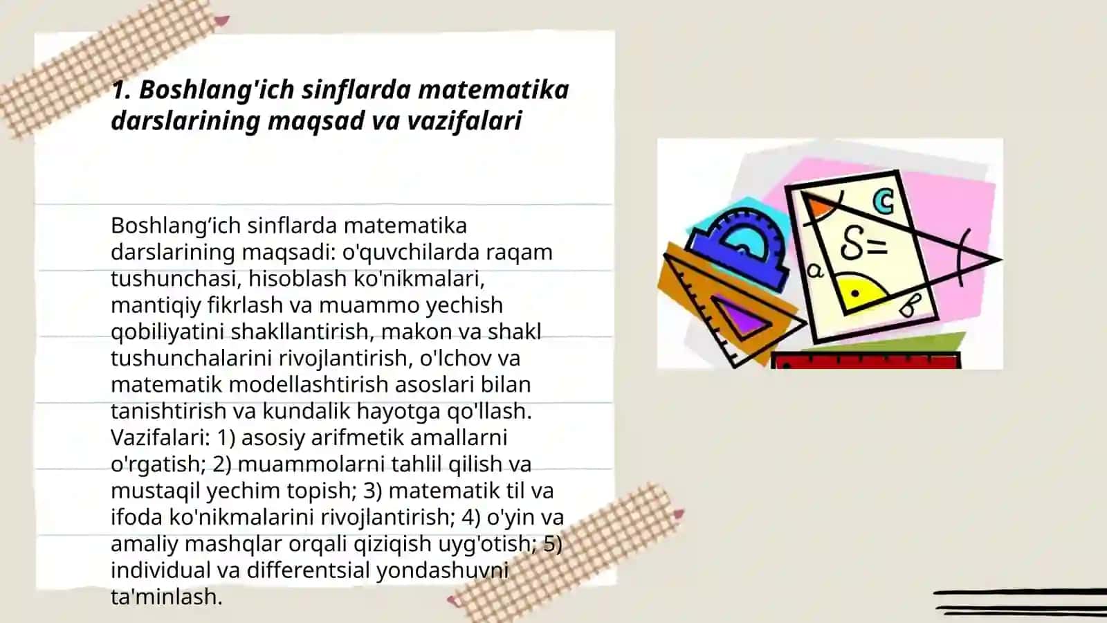 Boshlang'ich sinflarda matematika o'qitishning umumiy masalalari. Boshlang'ich sinflarda matematika o'qitish metodikasi fan sifatida 3