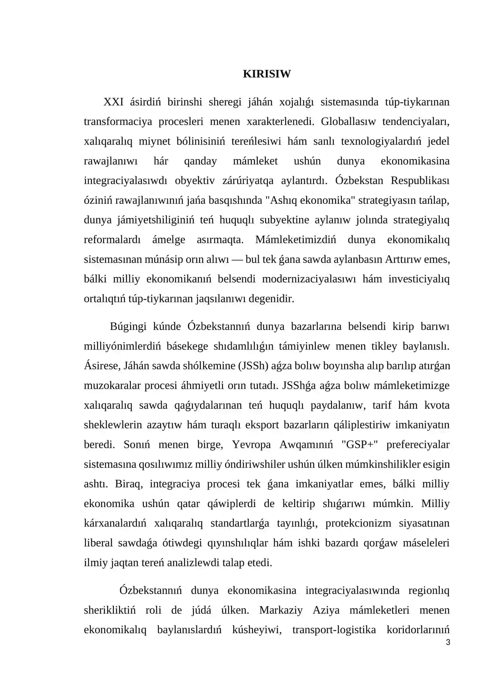 Ózbekstannıń dúnya ekonomikalıq sistemasına integraciyalanıwı: Jaǵdayı hám rawajlanıw perspektivaları 3
