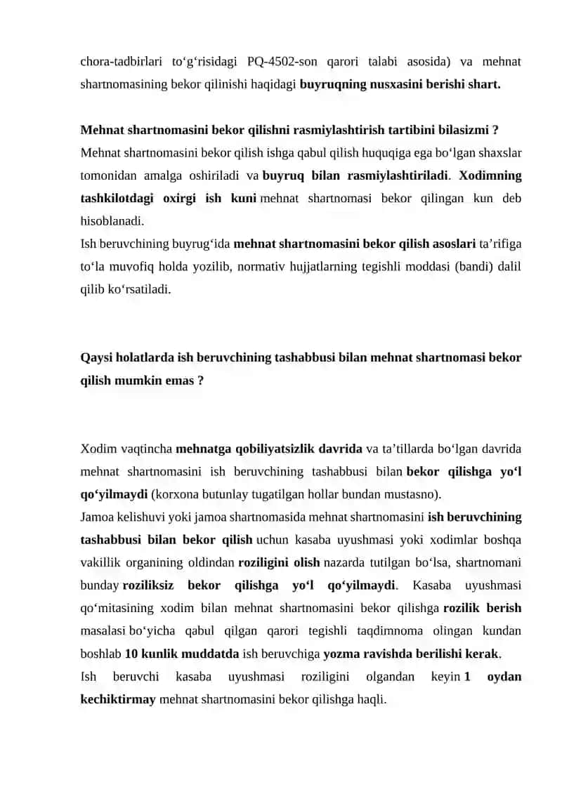 Mehnat shartnomasini ish beruvchining tashabbusiga asosan bekor qilish asoslari va tartibi 3