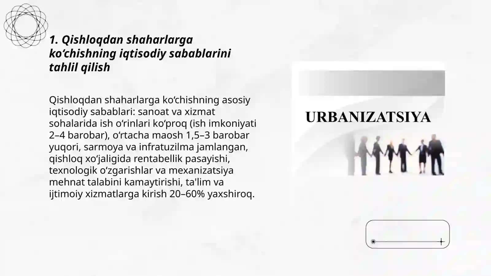 Urbanizatsiya -  aholining shaharlarga koʻchishi sabab va oqibatlari 3