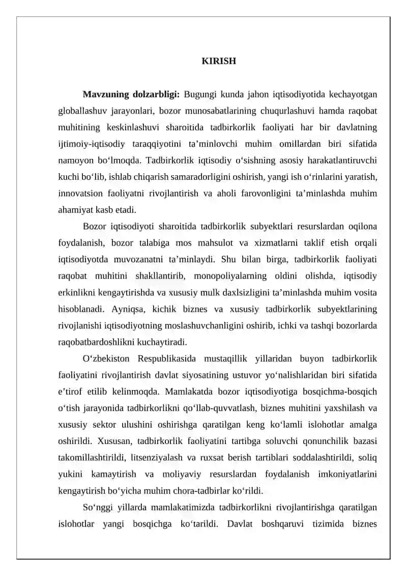 - Tags (comma-separated): Tadbirkorlik, Iqtisodiyot nazariyasi, Milliy iqtisodiyot, Kichik biznes, Xususiy tadbirkorlik, Tashkiliy-huquqiy shakllar 3