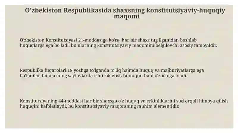 O'zbekiston respublikasi shaxsning konstitutsiyaviy huquqiy holati.Fuqarolik 3