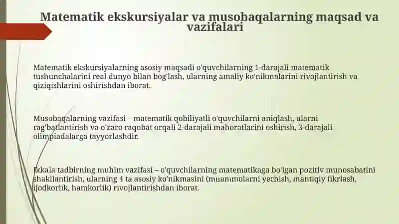 Matematik ekskursiyalar tashkil etish metodikasi va matematik konkurs tashkil etish metodikasi 3