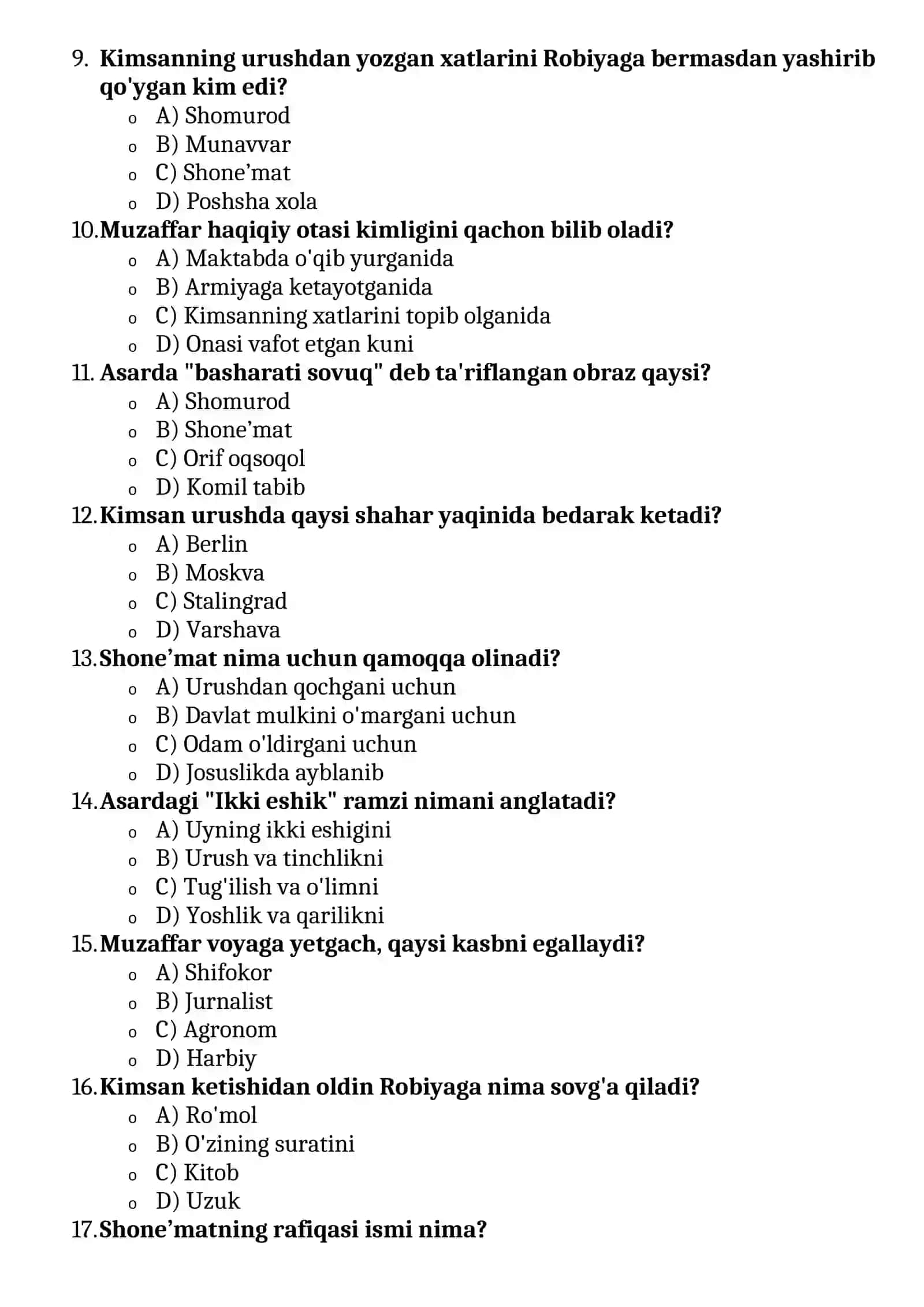 O'tkir Hoshimov - Ikki eshik orasi romani bo'yicha test savollari 3