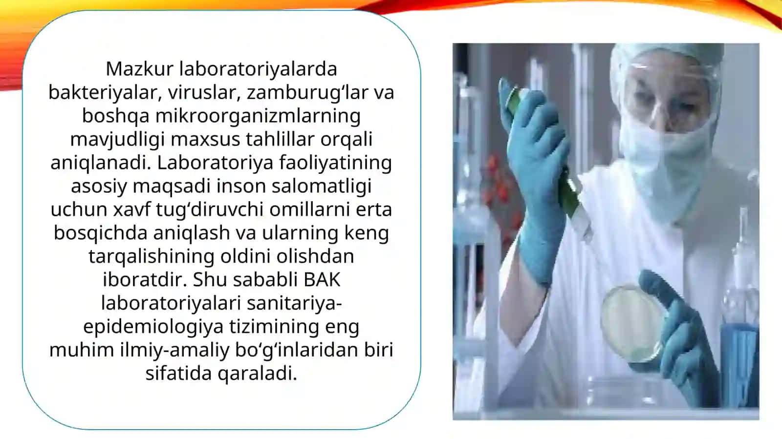 Sanitariya epidemiologiya osoyishtalik va jamoat salomatligi qoʻmitasi BAK laboratoriyasi 3