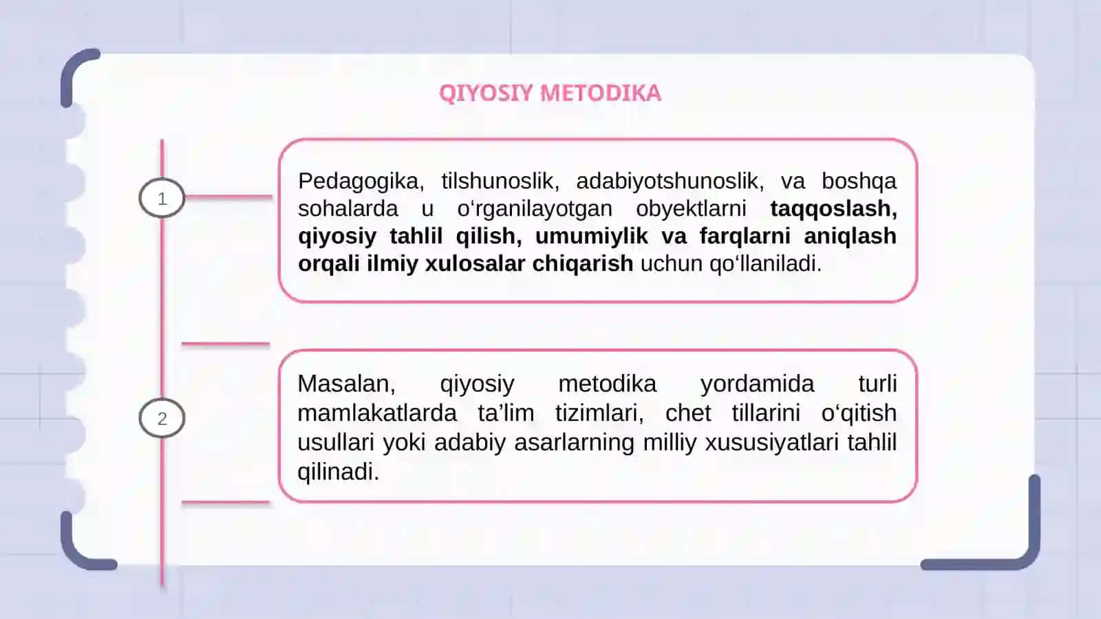 "Qiyosiy metodika". Qiyosiy metodikaning maqsadi, vazifalari va o'rganish ob'ekti 3