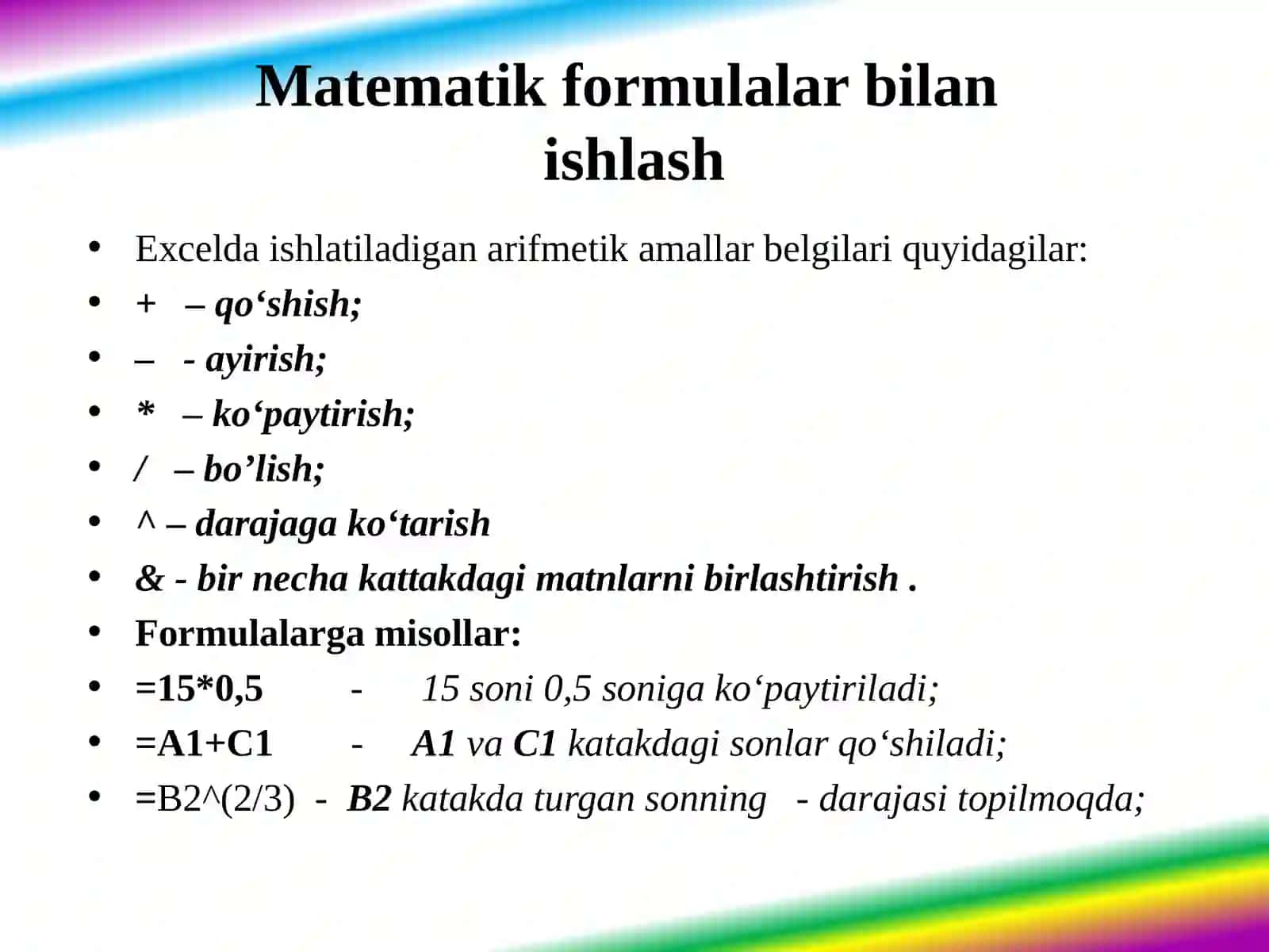 MS Excel asoslari. f(x) ustasi yordamida formulalar yarating va ishlating 3