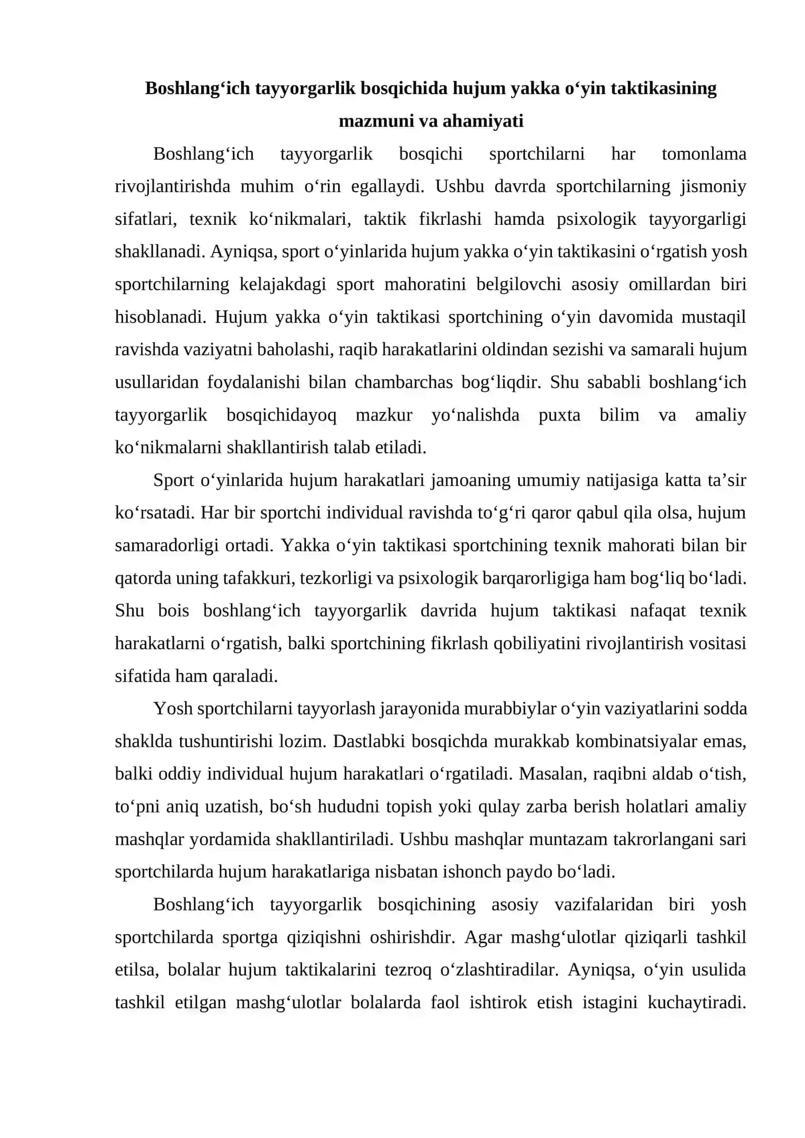 Boshlang'ich tayyorgarlik bosqichida hujum yakka o'yin taktikasini o'rgatish usullari haqida bilim doirasini shakllantirish 3