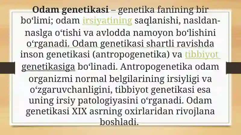Antropogenetika. Odam irsiyatini o’rganish usullari geneologika, egizakalr, populyatsion, sitogenetik, dermatoglifika, biokimyoviy. Prenatal diagnostika. 3