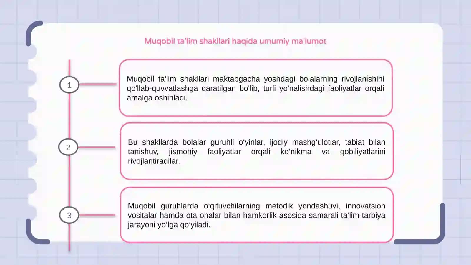 Maktabgacha ta'lim va tarbiyaning muqobil shakllari guruhlarida amalga oshiriladigan bolalar faoliyati turlari 3