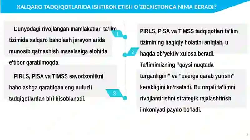 Xalqaro baholash dasturlari (PIRLS, PISA va TIMSS) natijalari asosida ta'lim sifatini oshirish. 3