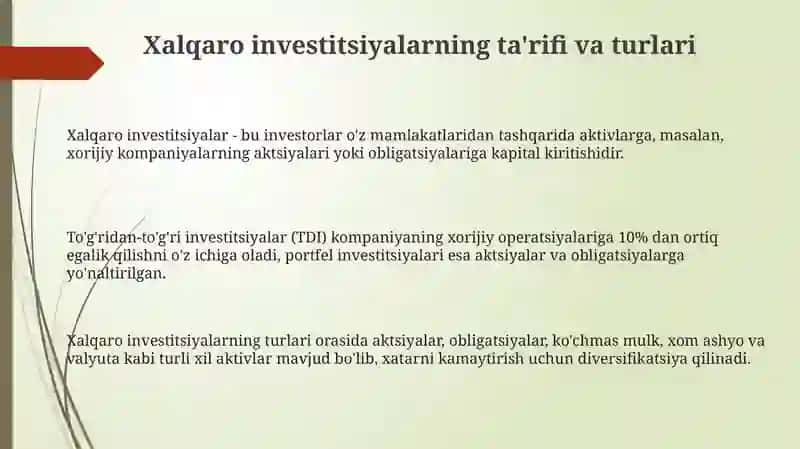 Xalqaro investitsiyalarni afzallik va kamchiliklari 3
