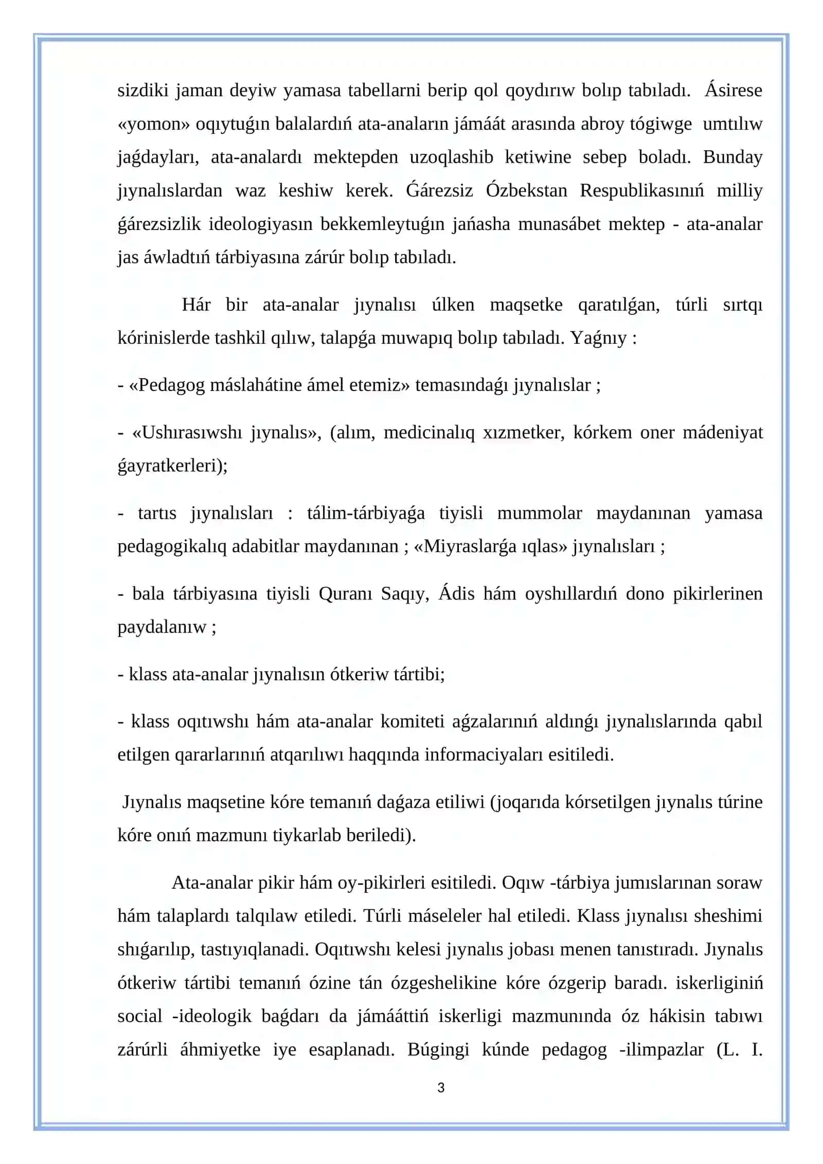 Ata-analar klass májilisin shólkemlestiriw metodikasi. Tárbiyada qarım-qatnas sheberligi 3