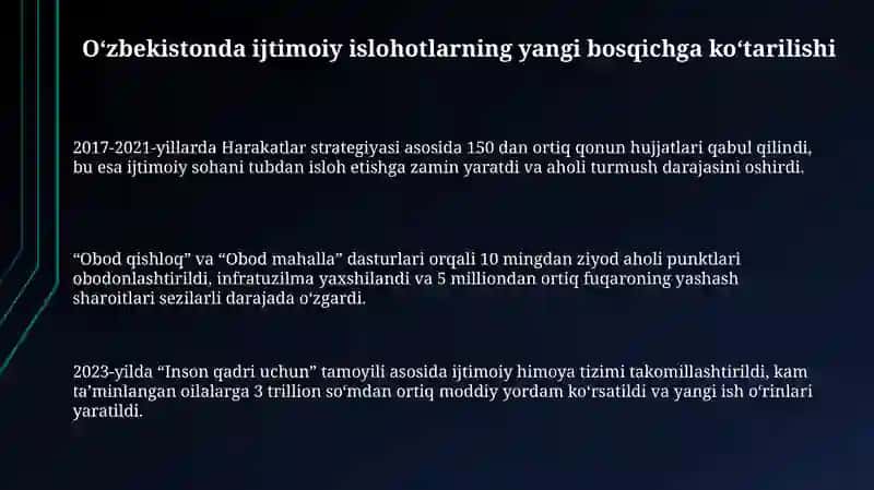 O'zbekistonda ijtimoiy islohotlarining yangi bosqichiga ko‘tarilishi 3