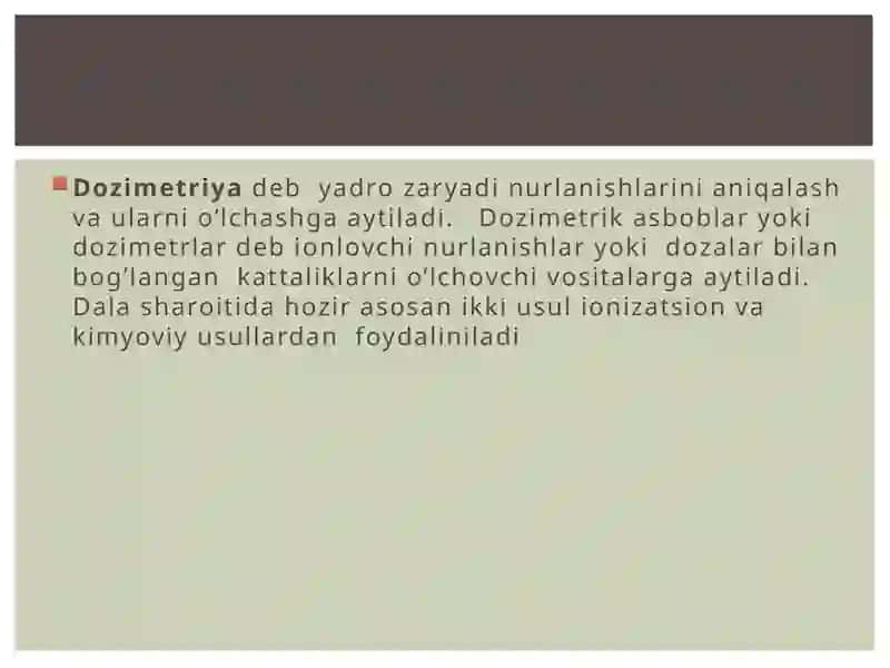 Rаdiоаktiv zаrrаchаlаrning hаmdа zаhаrlоvchi mоddаlаrning muhitdа bоrligini kо’z bilаn yoki bоshqа sеzgi оrgаnlаri оrqаli аniqlаsh mumkin 3