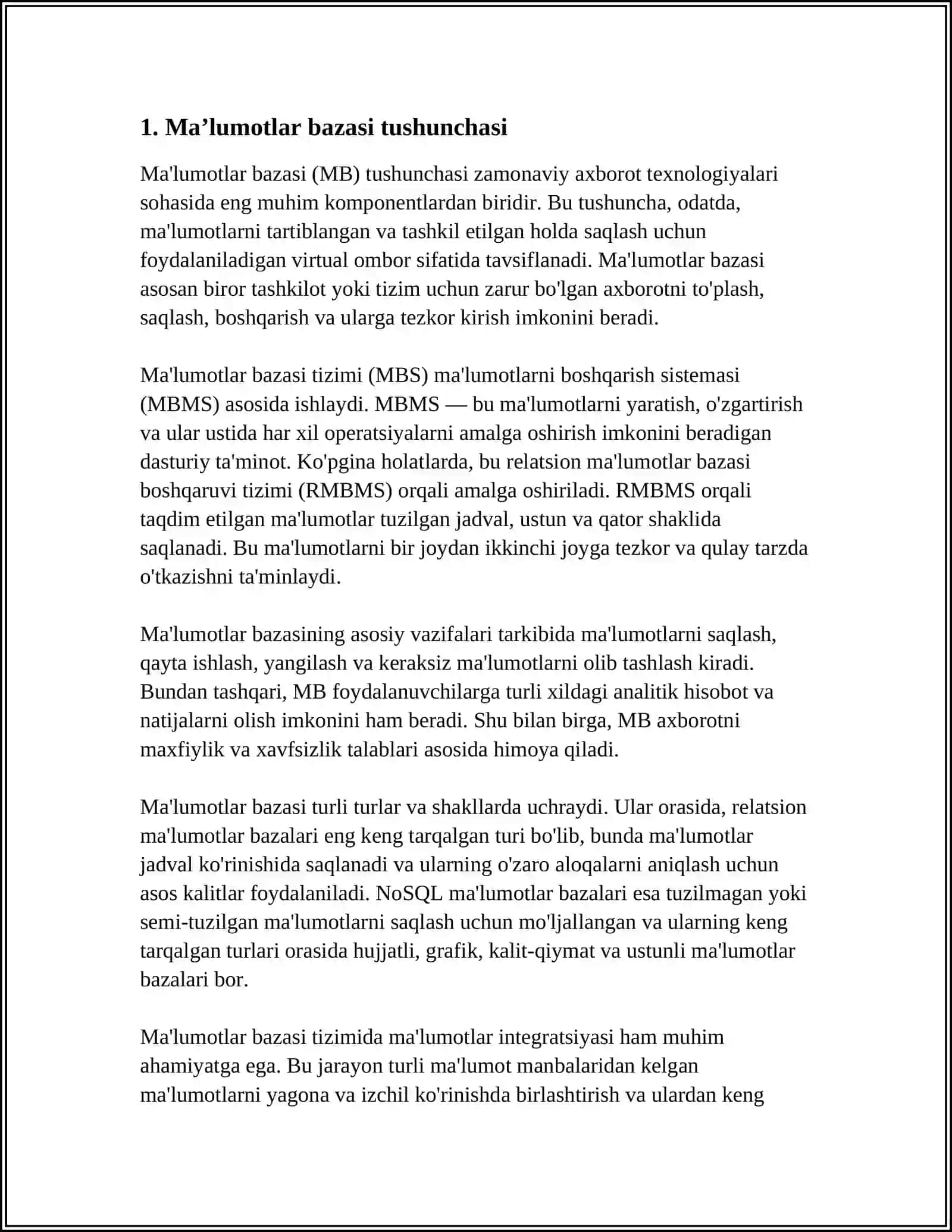 MA’LUMOTLAR BAZASI MODELLARI VA MAHOYAT-ALOQA MODELI 3