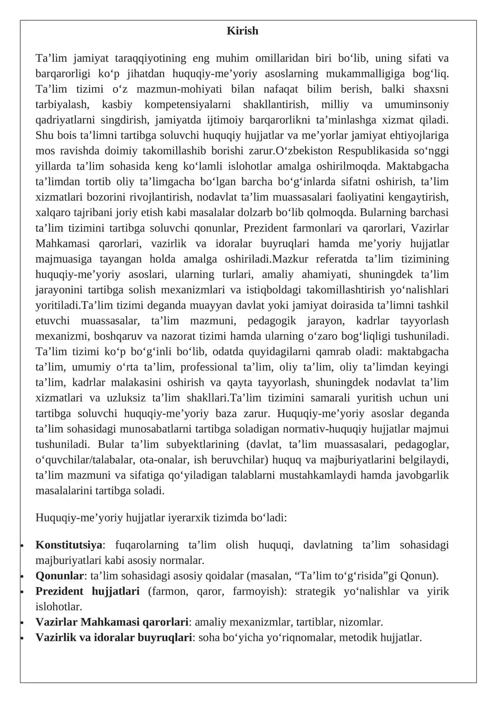 Ta'lim tizimining huquqiy-me’yoriy asoslari REFERATI 3