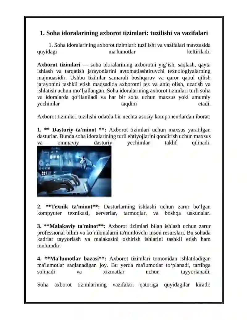 Soha idoralarining axborot tizimlari. Sohaning axborot texnologiyalari va ulardan foydalanish. Soha axborot tizimlarning interiktiv xizmatlari 3
