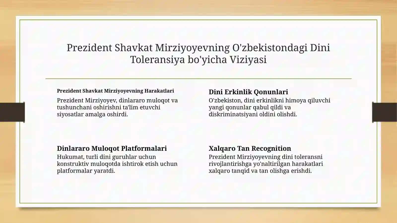 O'zbekiston Respublikasining Prezidenti Shavkat Mirziyoyevning diniy bag'rikenglik sohasida olib borgan qilonasiyati 3