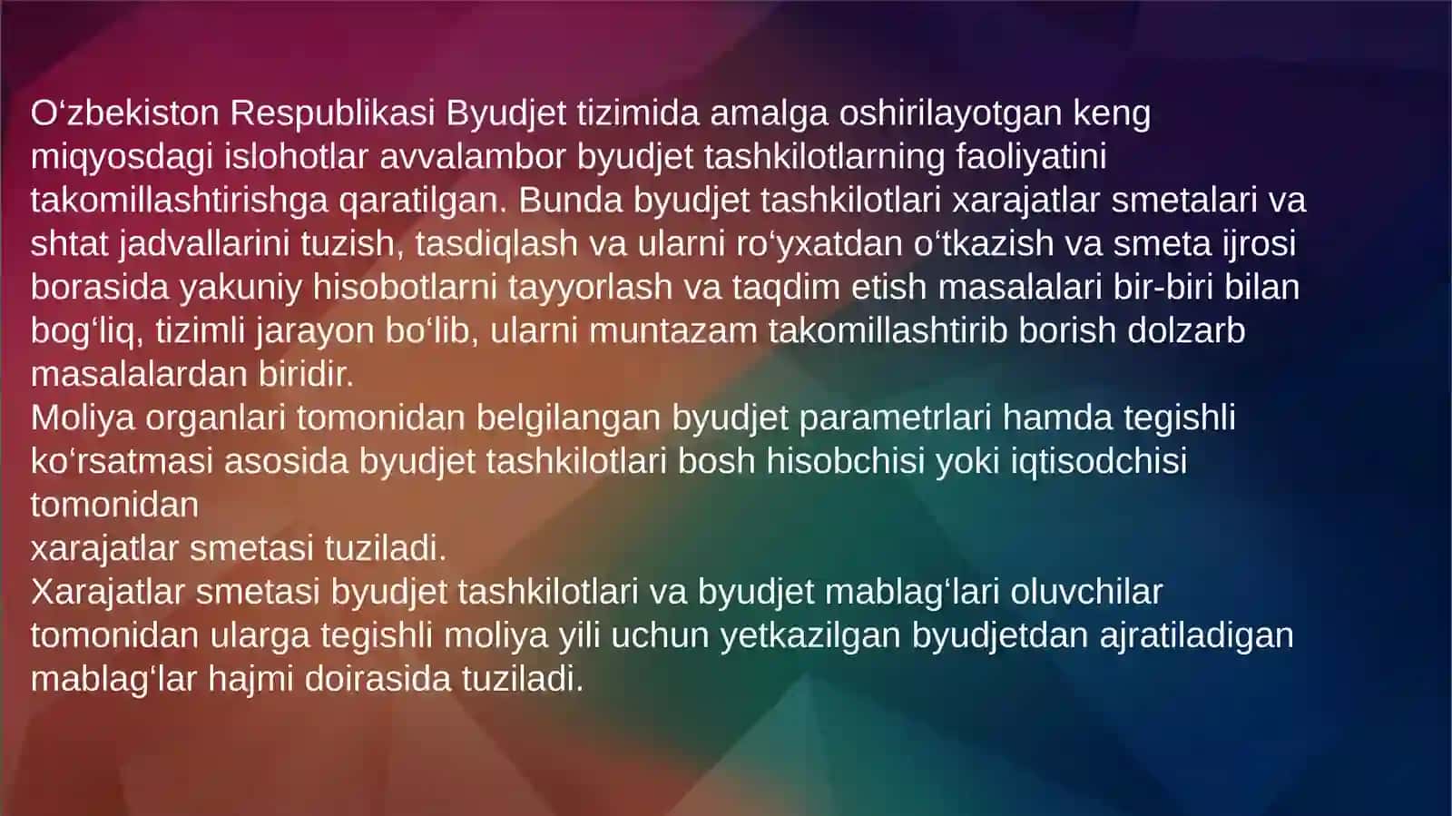 Byudjet tashkilotlarida Byudjet va  Byudjetdan tashqari mablag`lar bo`yicha daromadlar va xarajatlar smetalari hamda shtatlar jadvalini tuzish, tasdiqlangan va taqdim etish tartibi 3