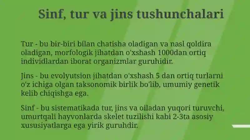 Hayvonot olamida sinf, tur va avlod. Baliqlar. Sudralib yuruvchilar. Qushlar. 3