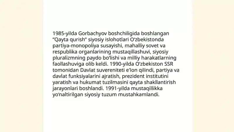 Qayta qurish yillarida O'zbekistondagi ijtimoiy-siyosiy vaziyat 3
