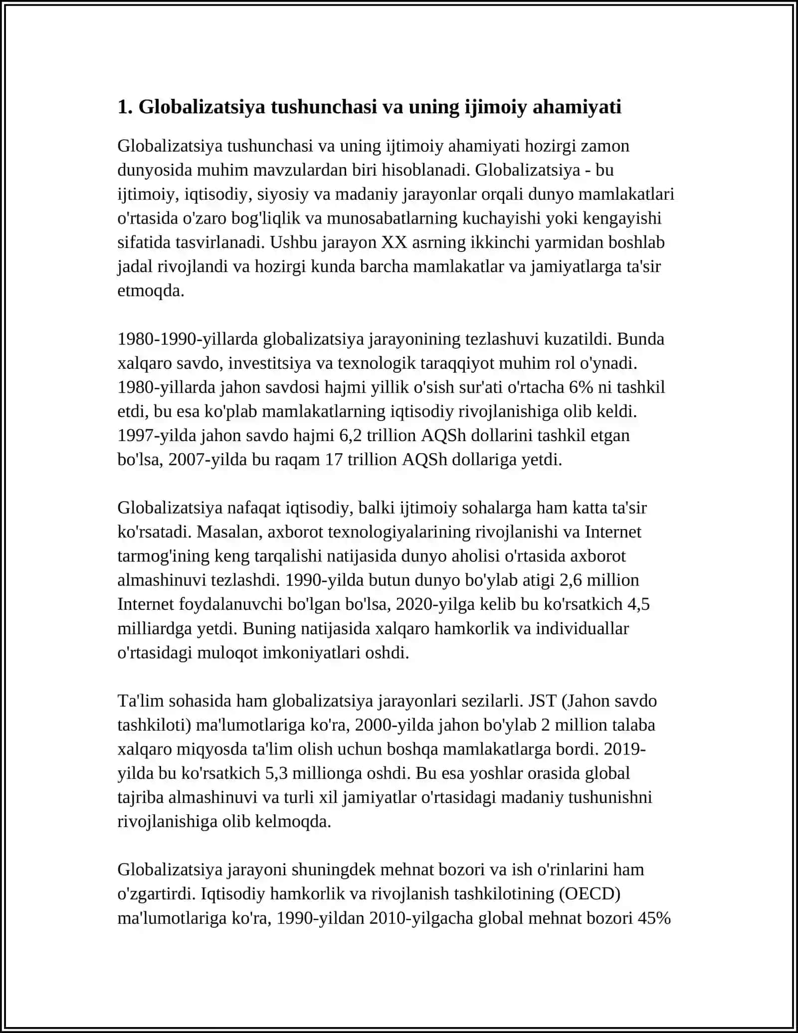 GLOBALLASHUV JARAYONINING IJTIMOIY VA FALSAFIY AHAMIYATI MAVZUSIDA REFERAT TAYYORLASH 3