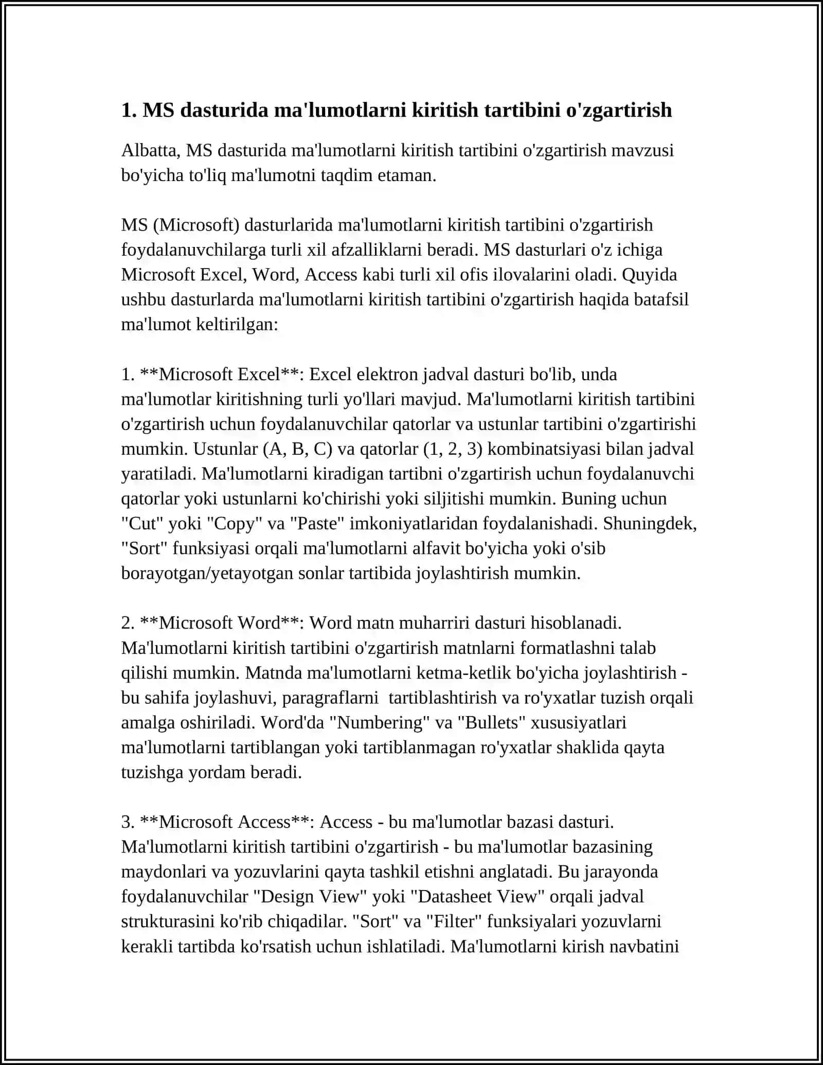MS DASTURIDA KATAKCHALAR FORMATLARINI OʻZGARTIRISH. AVTOTOʻLDIRISH FUNKSIYASIDAN FOYDALANISH 3