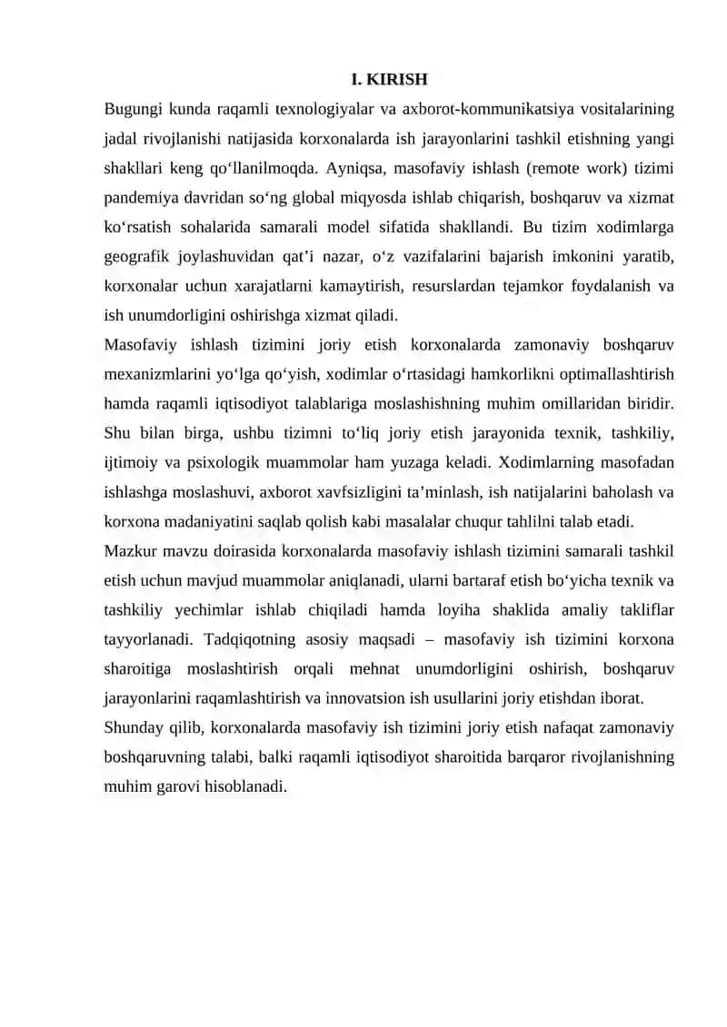 Masofaviy Ishlash Tizimini Joriy Etish, Muommoni Aniqlash va Yechimlarni Loyiha Shaklida Tayyorlash 3