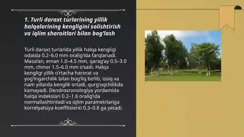 Turli daraxtlarning yillik halqalarini solishtirish va ekologik sharoit bilan bogʻlash 3