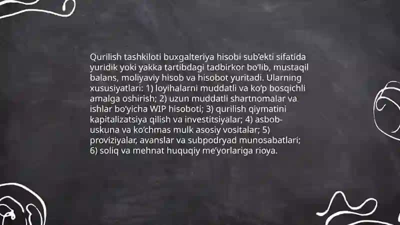 Qurilish tashkilotlarining buxgalteriya hisobi sub’ekti sifatidagi tavsifi va ular faoliyatining tashkiliy-huquqiy asoslari 3
