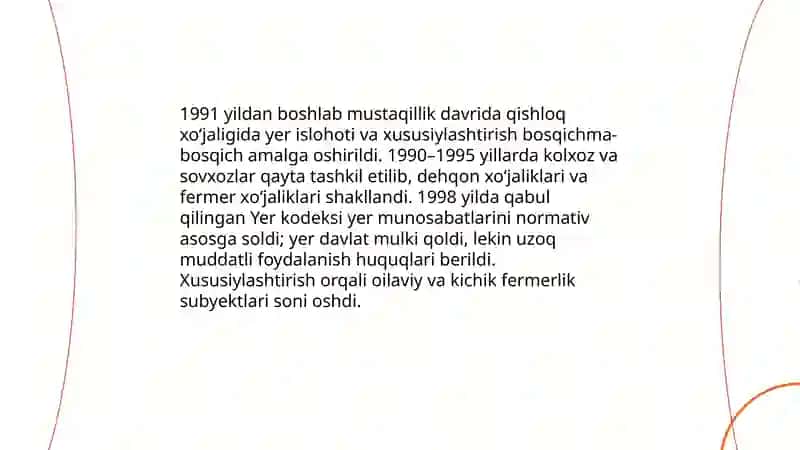 Mustaqillik yillarida qishloq ho'jaligi va sanat sohasidagi o'zgarishlar 3