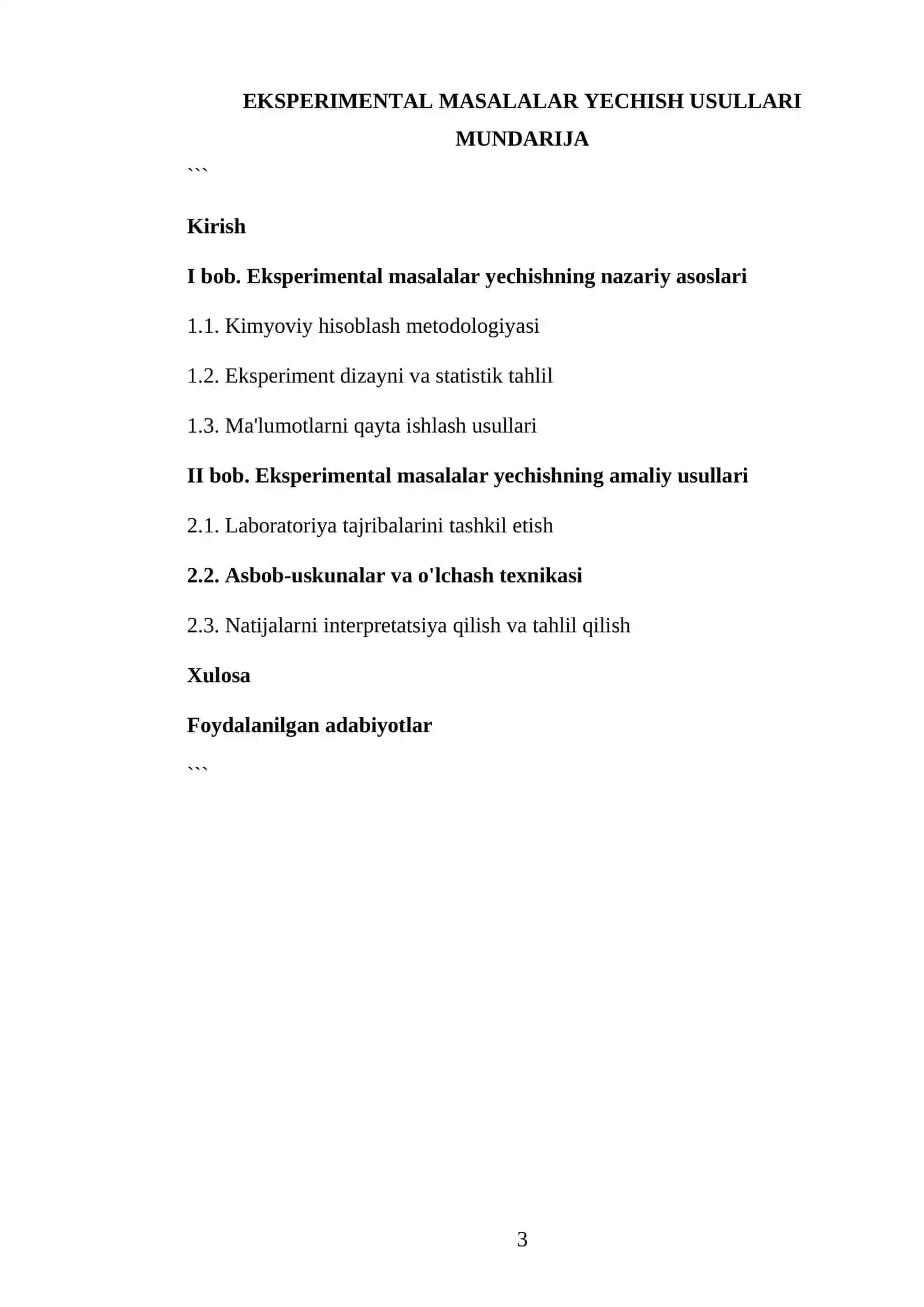 KIMYOVIY HISOBLASH ASOSLARI FANIDAN TAYYORLAGAN KURS ISHI 3