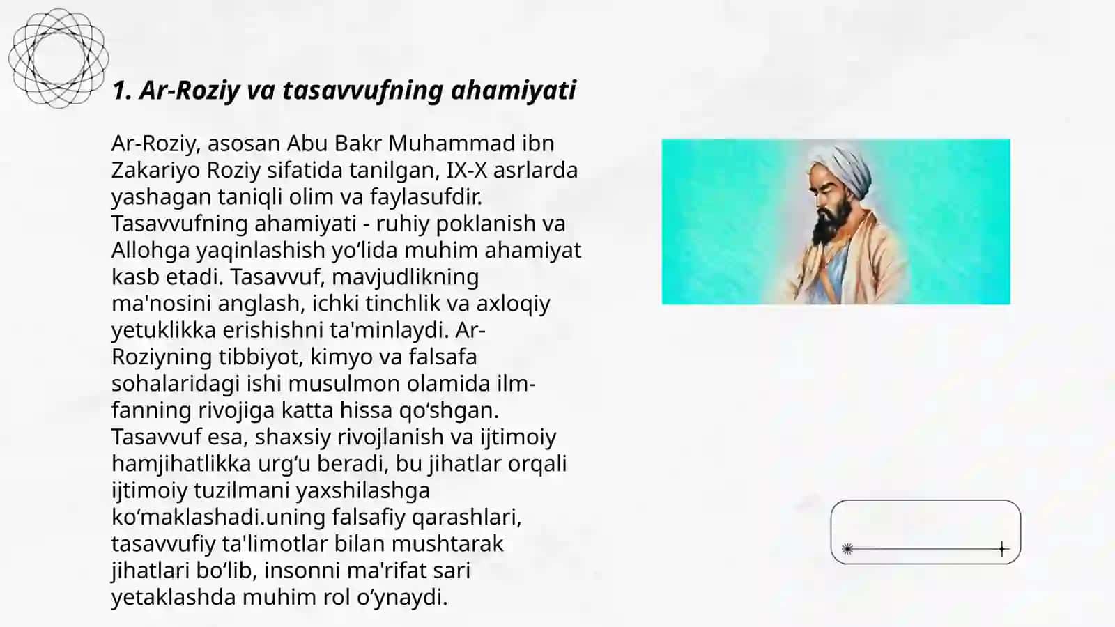 Oʻrta asrlar musulmon shahri axloqshunosligida mashoyixonlik va tasavvuf yoʻnalishlarining oʻrni.Ar Roziy Abdurasulov Tal'at 3