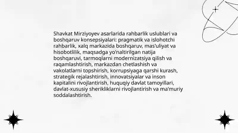 Shavkat Mirziyoyev asarlarida boshqaruv va rahbarlik tanlovi 3