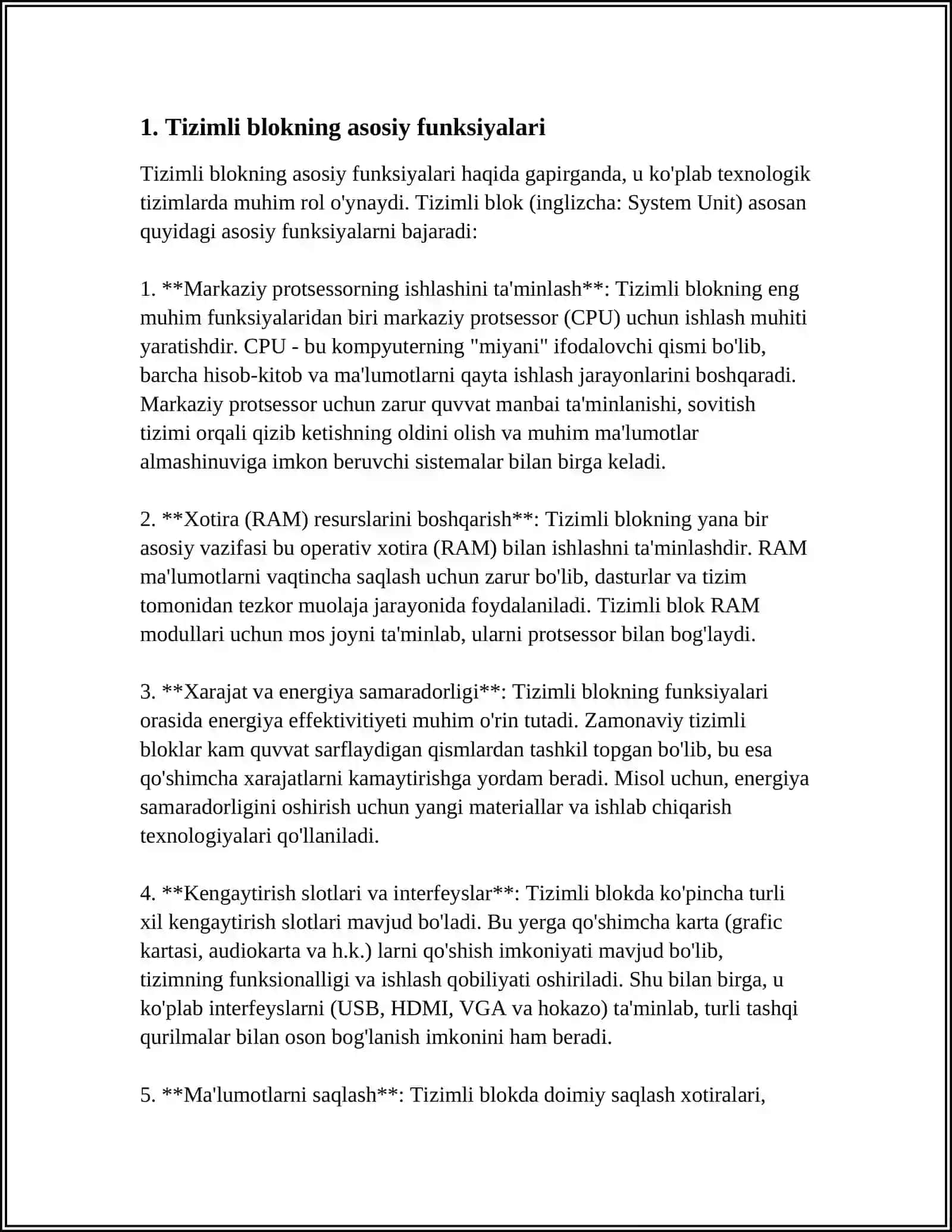 TIZIMLI BLOK VA UNING TARKIBIY ELEMENTLARI: PROTSESSOR, SOPROTSESSOR, XOTIRA 3