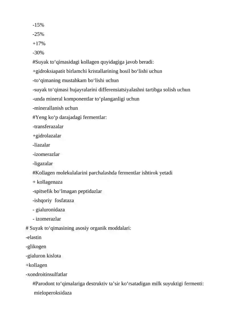 Suyak to‘qimasi rezorbsiyasi. Rezorbsiya va osteogenezning biokimyoviy mexanizmlari. test 3