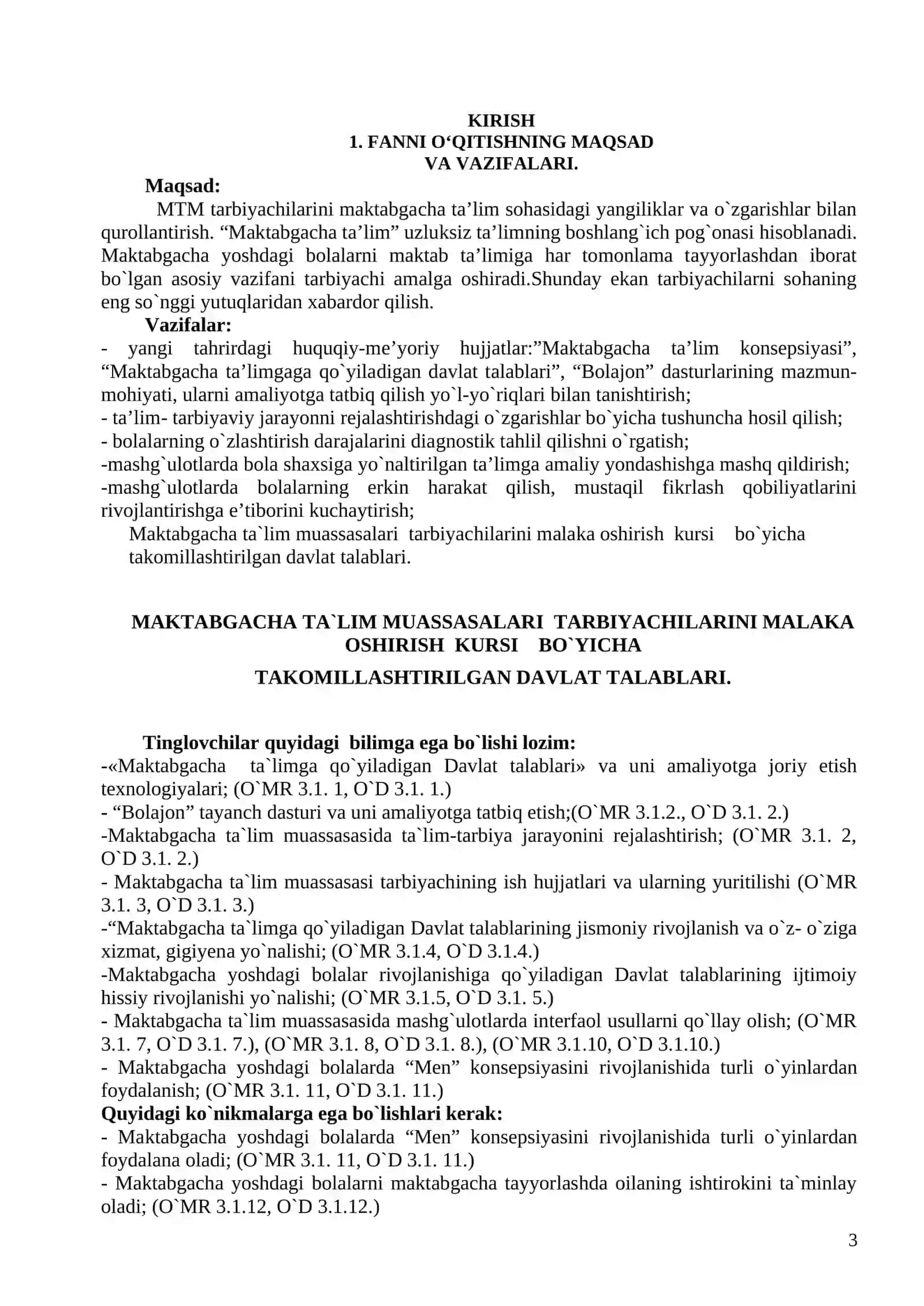 MT-137 MTM Tarbiyachilari Kursi Mutaxassislik Fanlari Uchun O'quv-Uslubiy Majmua 3
